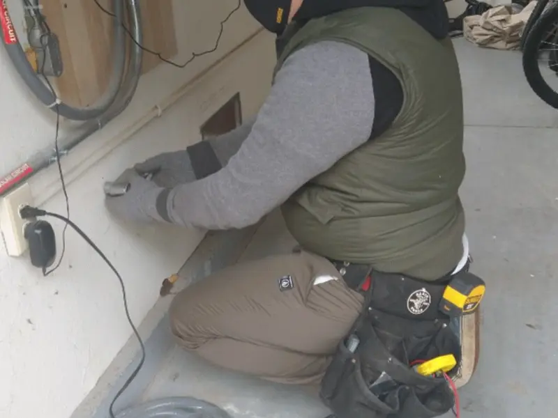 Electrician performing outlet wiring in a Mill Creek garage